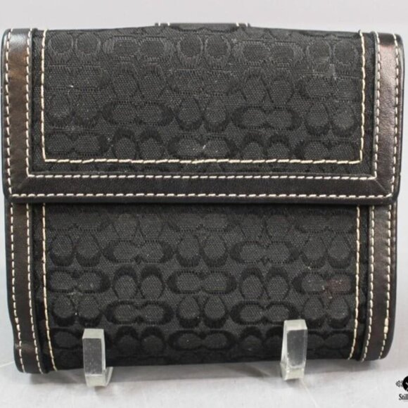 Coach Wallet Black Gray Signature C Foldout trifold Wallet Buckle 5" w 4" h - Picture 2 of 3